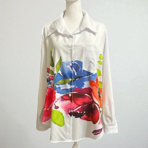 Women’s White Blouse with Colorful Watercolor Floral Design Size L/XL - Picture 1 of 6